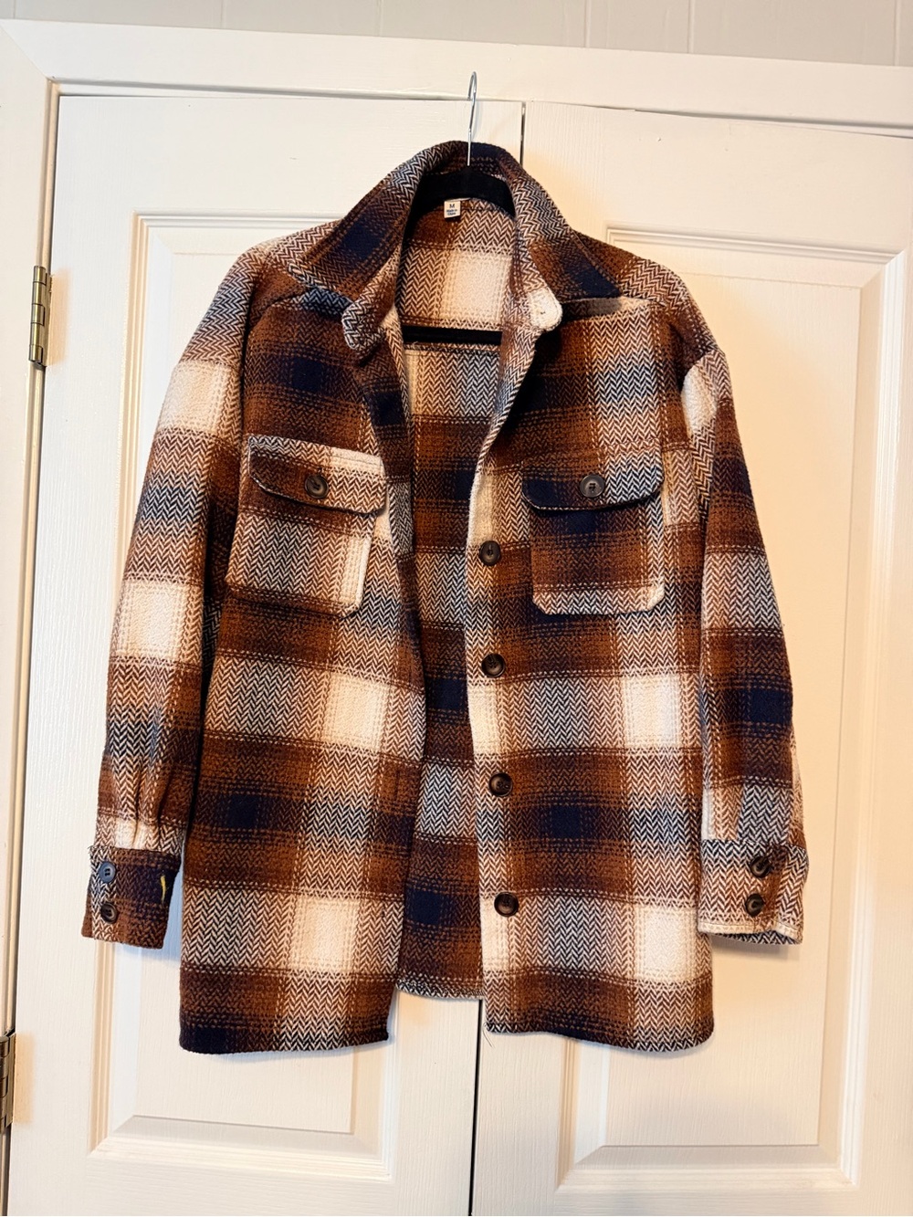 Women’s Brown Plaid Wool-Blend Shacket Jacket